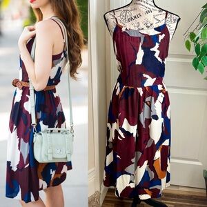 LOFT Abstract Print Strappy Midi Dress Burgundy Sz 6